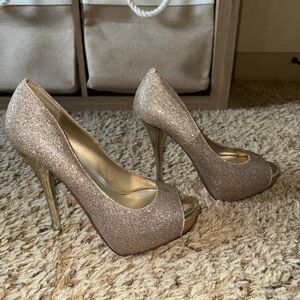Elegant Glitter Peep-Toe Heels - Stilettos - Gold
